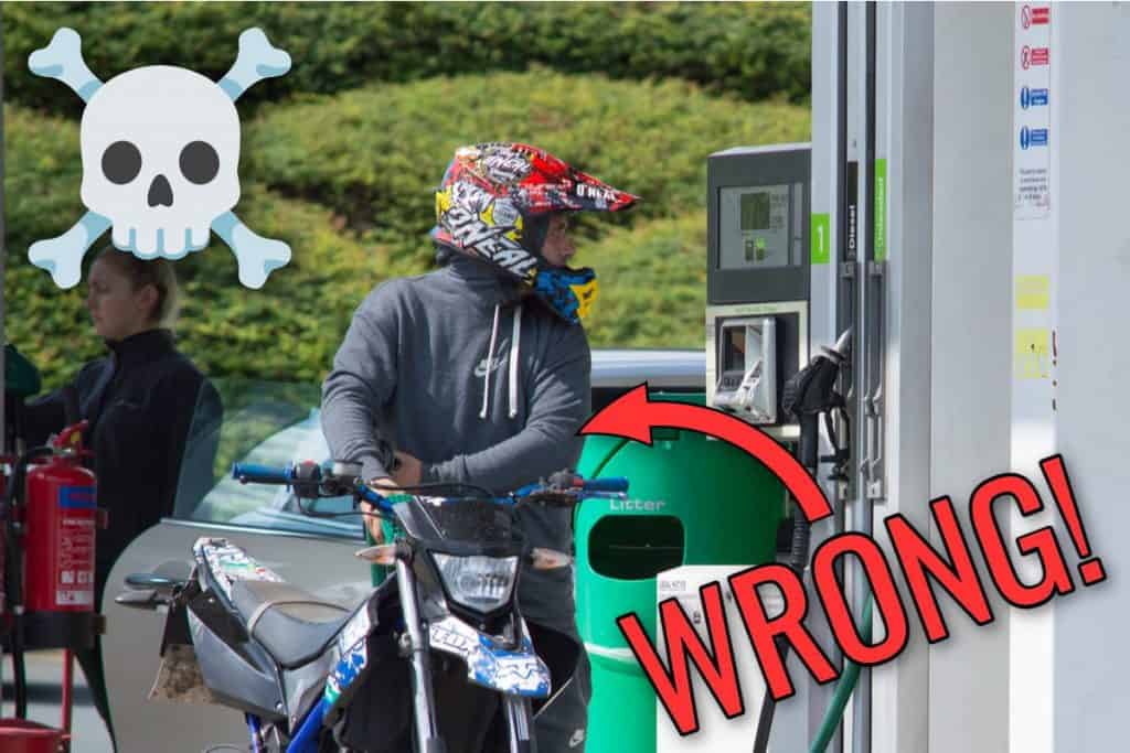 Male fills up his dirt bike at the gas station with wrong kind of gas.
